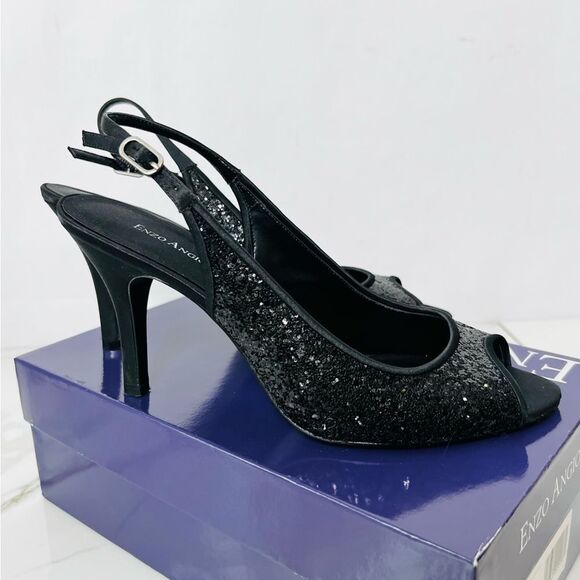 Enzo Angiolini Hitch X3 Black Sequin Shiny Satin Ankle Buckle Peep Toe Heels - Picture 9 of 16
